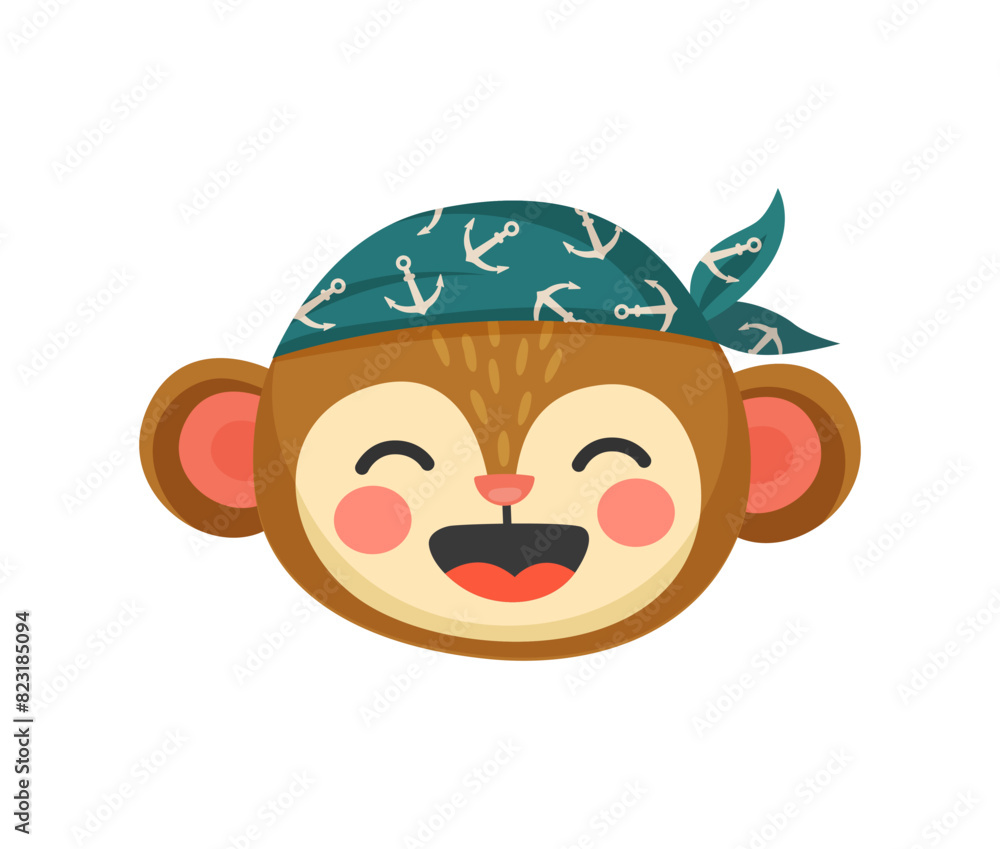 Cartoon monkey animal pirate or corsair captain and boatswain, vector character. Funny Caribbean monkey skipper in pirate bandana laughing with happy face, kids cute emoji of animal corsair sailor