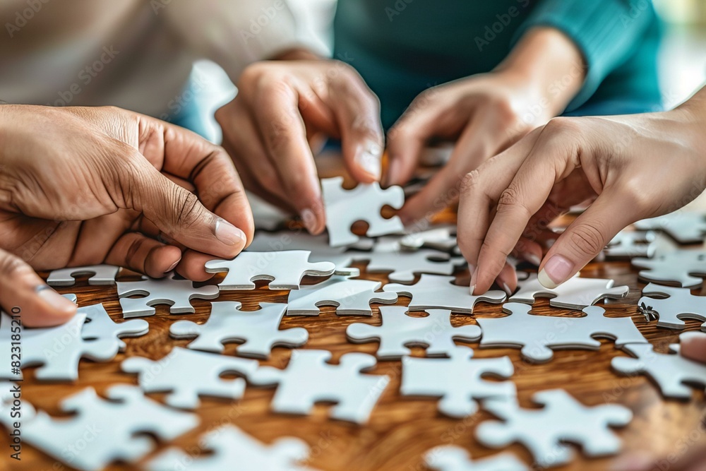 Naklejka premium Several people assembling puzzle table