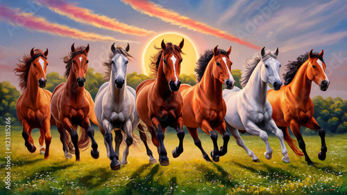 High resolution seven horses wall art poster for wall decoration, seven horses images illustration.