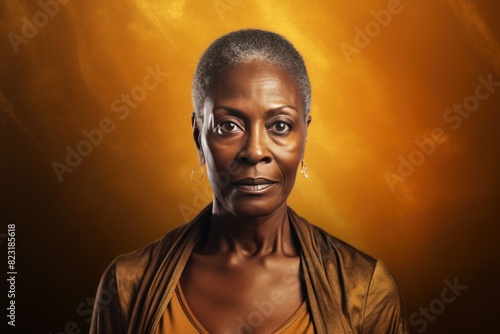 Gold background sad black american independant powerful Woman realistic person portrait of older mid aged person beautiful bad mood expression 