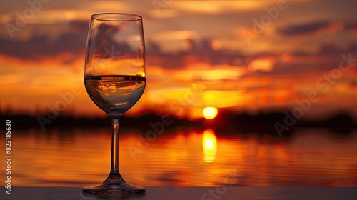 A golden sunset reflected in a long-stemmed wine glass  evoking a sense of relaxation and luxury.