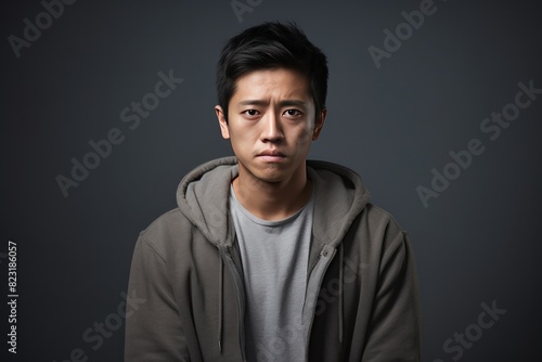 Gray background sad asian man realistic person portrait of young teenage beautiful bad mood expression boy Isolated on Background depression anxiety fear burn out health issue