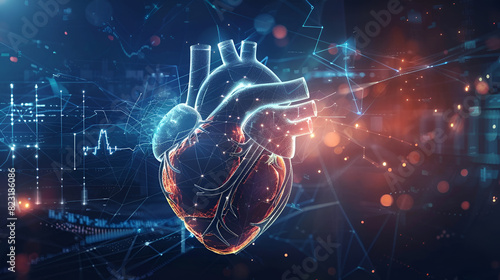 A digital representation of a human heart in a network of glowing connections  symbolizing medical innovation  Vibrant digital artwork blending human heart with technology in a cybernetic world