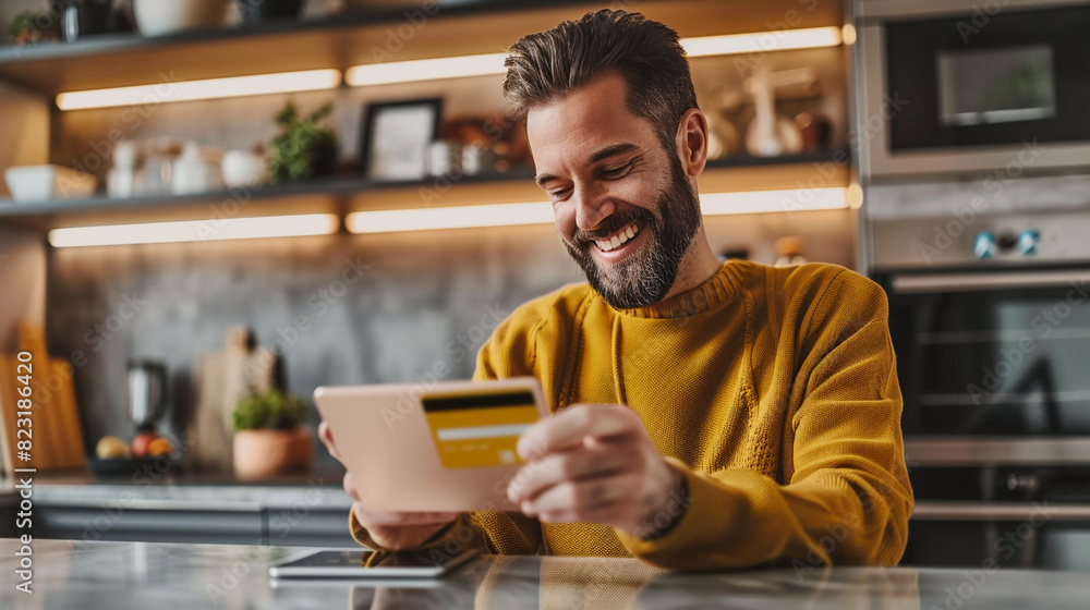 Man using tablet and card for shopping. Man using tablet and card for shopping.