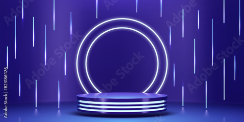 3d blue neon light product podium stage, platform or display pedestal. Vector glowing circle scene of show room or studio on dark background with neon lines effect. Modern product presentation podium
