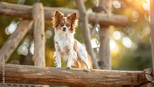 Photo of papillon dog on the wooden slide, outdoor summer background