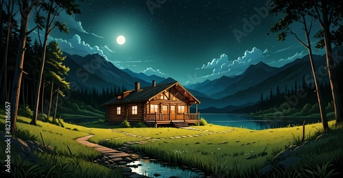 log cabin lodge in open field of grass in summer at night under clouds and moon. large green countryside meadow pasture with house and mountain range.