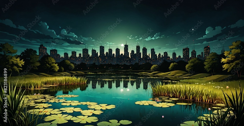 Fototapeta premium town homes on river lake water with lily pads and mountains under night sky and moon. village houses on the pond in the forest nature.