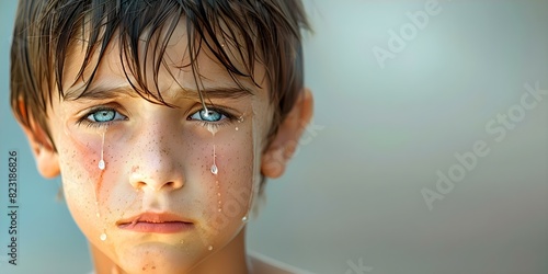 A sorrowful young boy with tears streaming down his face. Concept Portrait Photography, Emotional Expressions, Tearful Moments, Sadness, Youthful Emotions photo