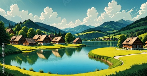 village houses by a lake and mountains under clouds and sky. secluded river town in forest in summer.