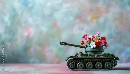 Toy tank with flower bouquet, peace concept 