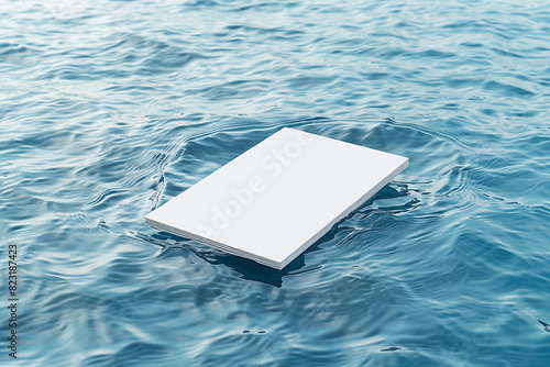 Dynamic wave-shaped blank business card mockup set against a calm blue water scene. photo