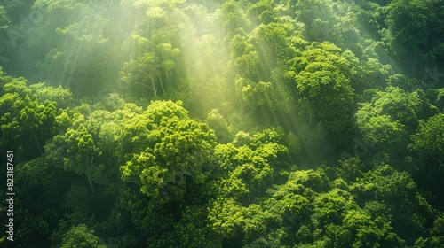 Aerial view of a dense  vibrant green forest with sunlight filtering through the canopy  creating a serene natural scene.