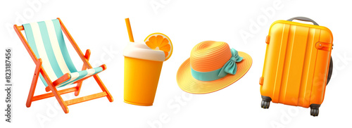 3d summer objects png element set on transparent background
