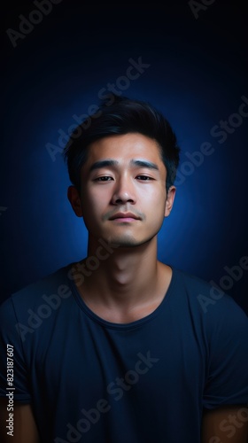 Indigo background sad asian man realistic person portrait of young teenage beautiful bad mood expression boy Isolated on Background depression anxiety fear 