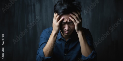 Indigo background sad asian man realistic person portrait of young teenage beautiful bad mood expression boy Isolated on Background depression anxiety fear 
