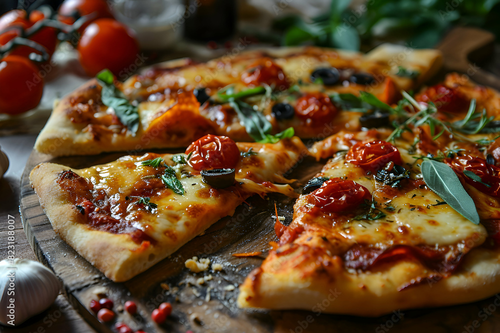 Pizza with tomatoes. olives and herbs on a wooden background Pizza with tomatoes. olives and herbs on a wooden background