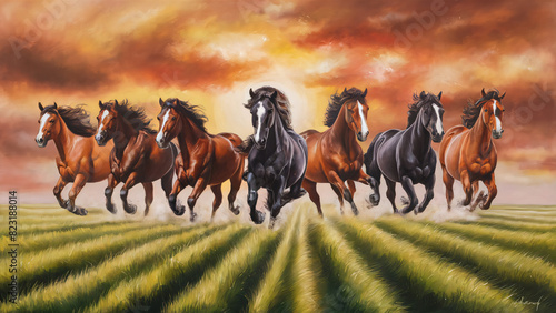 High resolution seven horses wall art poster for wall decoration, seven horses images illustration.