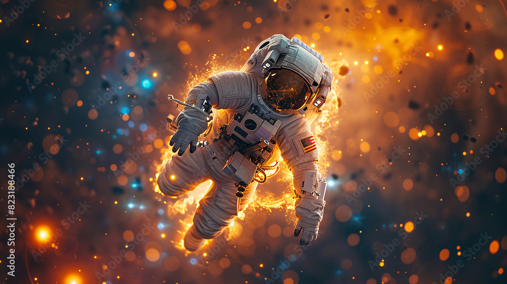 Dreamy astronaut floating in space, with a glowing helmet and purple stars Dreamy astronaut floating in space, with a glowing helmet and purple stars