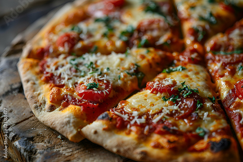 Pizza with mozzarella. tomatoes and basil on a wooden board