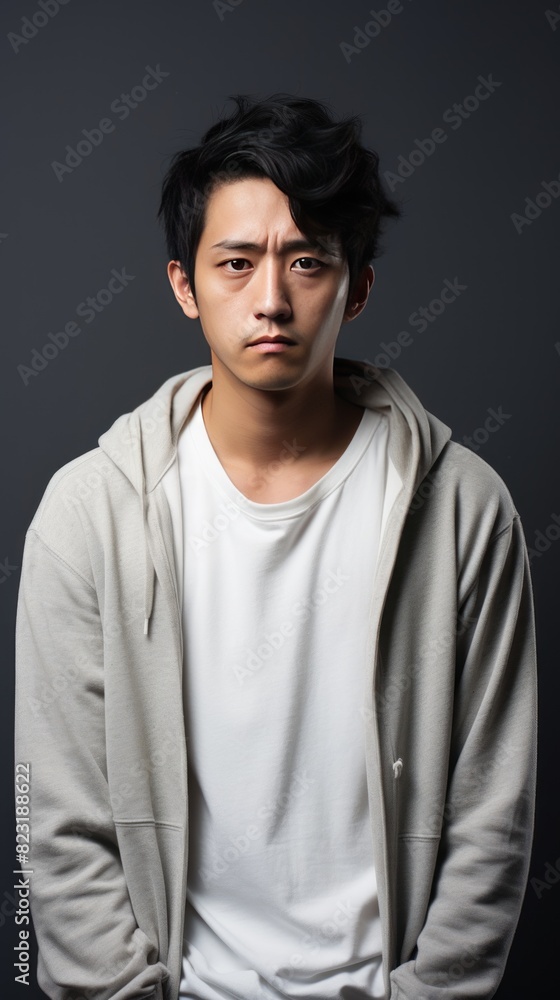 Ivory background sad asian man realistic person portrait of young teenage beautiful bad mood expression boy Isolated on Background depression anxiety fear burn out health
