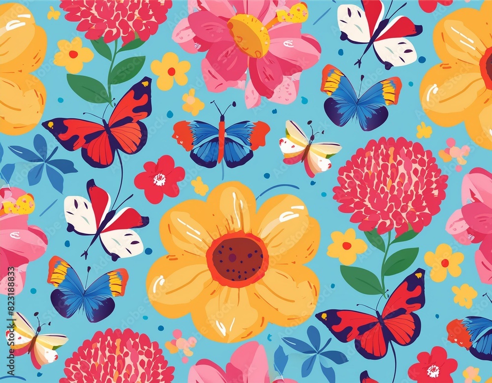 Seamless Pattern with Blooming Flowers and Flying Butterflies in Watercolor Style. Beauty in Nature. Background for Fabric, Textile, Print and Invitation.  illustration