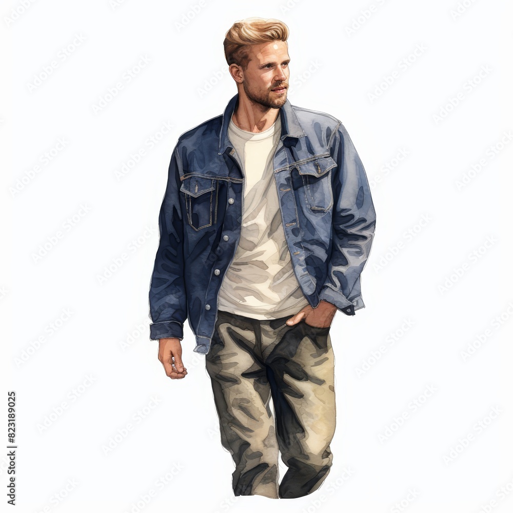 Casual fashion model in denim jacket and jeans, outdoor style, relaxed and confident, isolated on white background. Casual fashion model in denim jacket and jeans, outdoor style, relaxed and confident, isolated on white background.