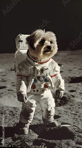 A dog as an astronaut on the moon, full body view