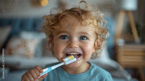 Morning Vitality A Young Boy Brushing His Teeth with Enthusiasm photo