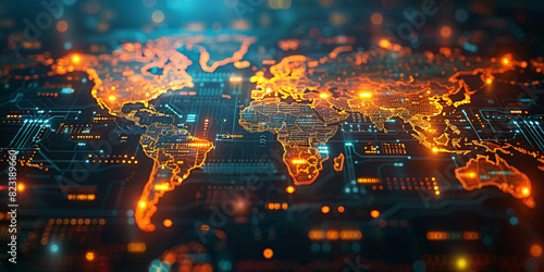 Close-up of advanced technological world map with business and engineering intersections, high-resolution, high-definition (HD), ultra high-definition (UHD), professional-grade