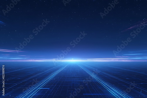 Abstract Futuristic Background: Glowing Blue Road Lines on Black © Zheng