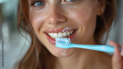 Morning Ritual Woman Brushing Teeth with Blue Toothbrush
