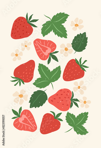 Abstract art fruit poster. Modern print with hand drawn strawberry, leaves and flowers. Paper cut contemporary art elements. Trendy design for wall decor, postcard, cover, t shirt.
