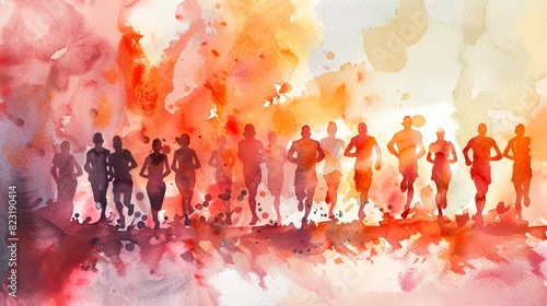Watercolor illustration of a group of runners. People jogging. Athletes running a marathon. Concept of fitness, teamwork, outdoor exercise, healthy lifestyle, competition, sports