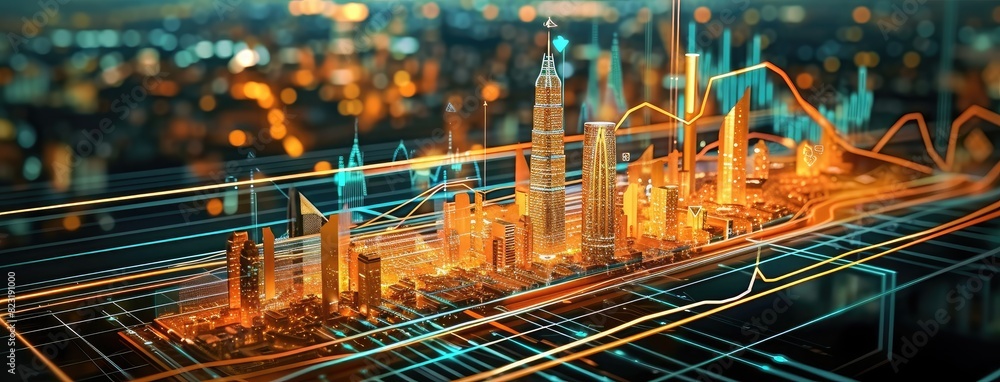 Futuristic Cityscape with Digital Network Overlay