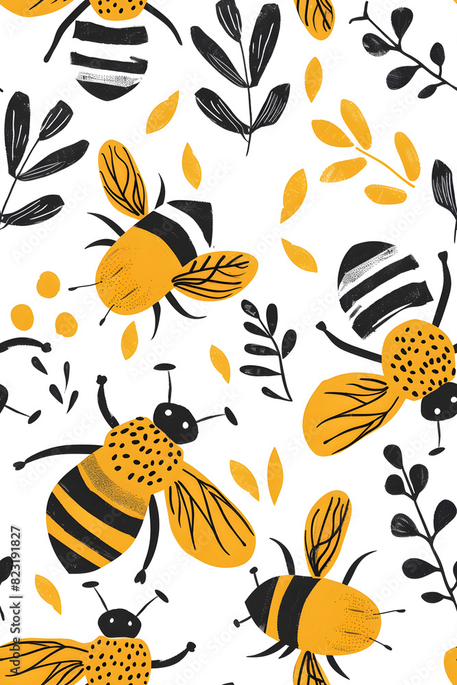 Obraz premium Cute watercolor seamless pattern with honey bee