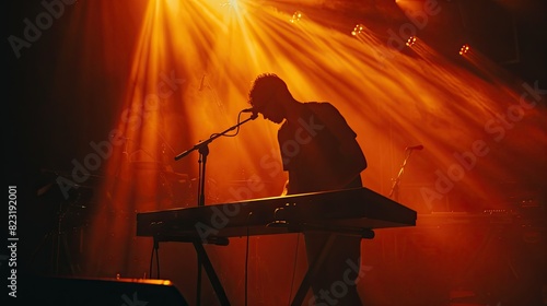 Silhouette of a keyboardist performing under intense stage lighting, capturing the mood of the concert. photo