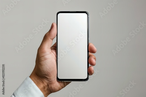 Person holding phone with blank screen photo