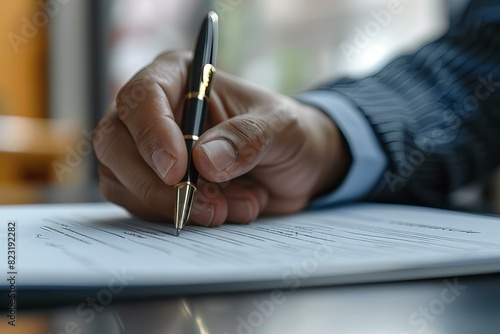 Person writing paper pen desk table document photo