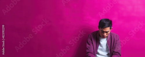 Magenta background sad asian man realistic person portrait of young teenage beautiful bad mood expression boy Isolated on Background depression anxiety fear burn out © Zickert