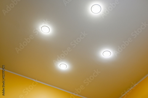 Plasterboard ceiling with built-in lighting. Drywall ceiling.