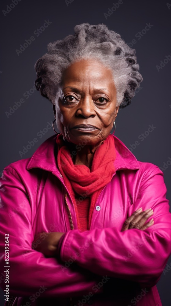 Magenta background sad black american independant powerful Woman realistic person portrait of older mid aged person beautiful bad mood expression Isolated on Background racism skin color depression 