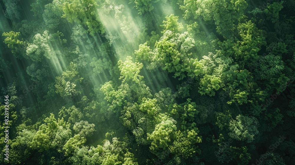 Top-down view of a vast, lush forest with patches of sunlight breaking through the canopy, creating a beautiful pattern. Top-down view of a vast, lush forest with patches of sunlight breaking through the canopy, creating a beautiful pattern.