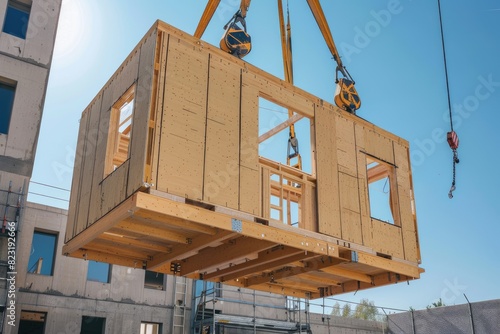 Witnessing a Wooden Building Module Ascend with Crane Assistance