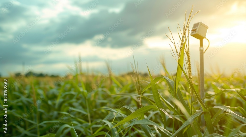 Fototapeta premium A weather station records data on wind speed temperature and precipitation to provide accurate forecasting for crop planning.
