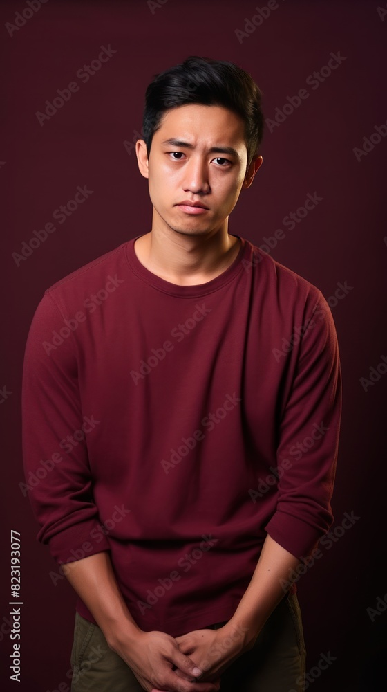 Maroon background sad asian man realistic person portrait of young teenage beautiful bad mood expression boy Isolated on Background depression anxiety fear burn out