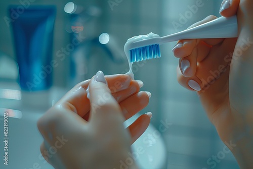 Person brushing teeth in bathroom photo