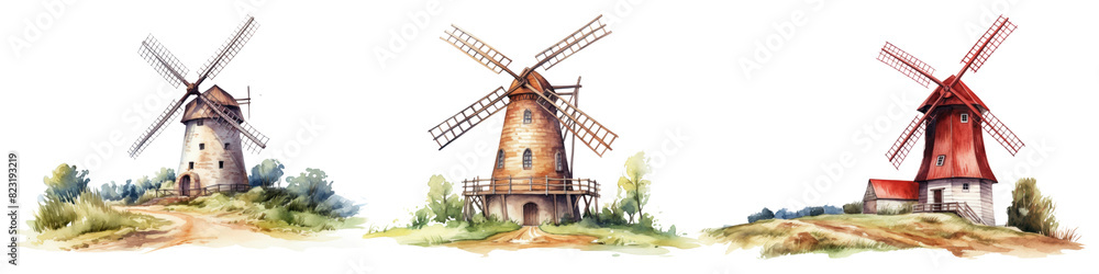 Cartoon windmill png element set on transparent background
