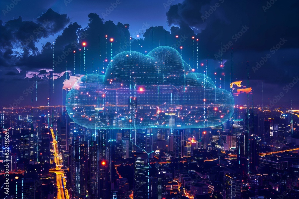 A city scape with a cloud hovering above A city scape with a cloud hovering above
