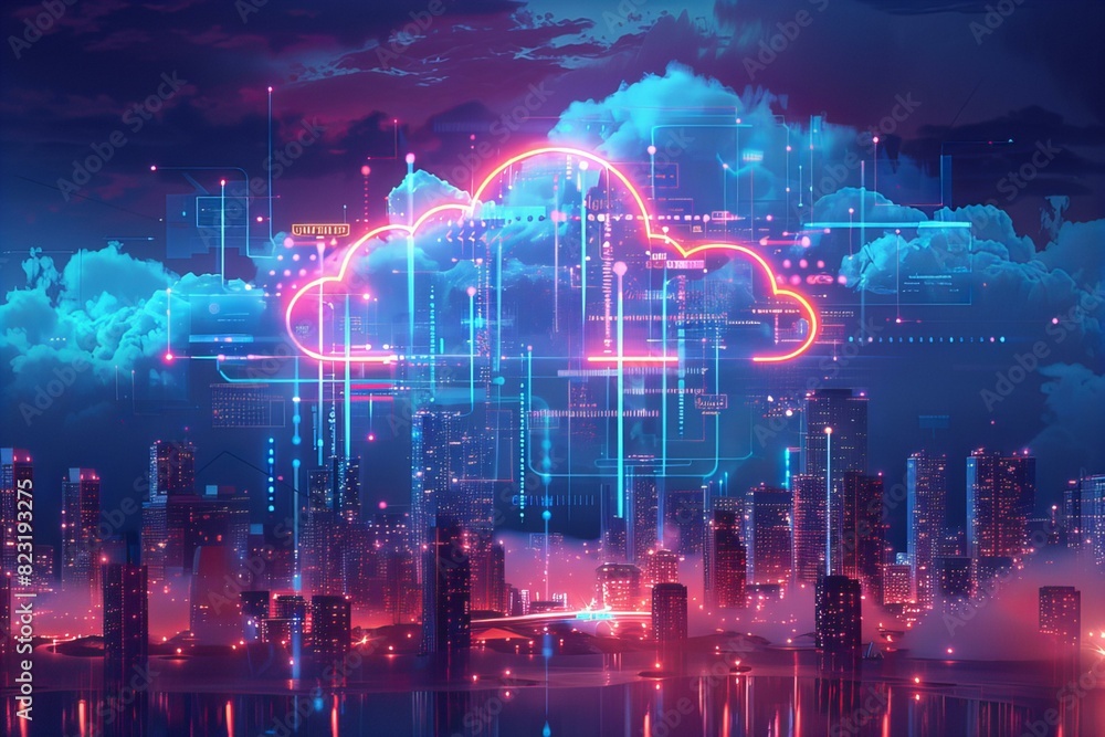 Cityscape with a single cloud, futuristic